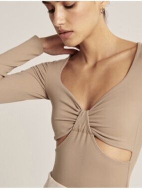 Abercrombie & Fitch Taupe Twist-Front Cutout Long-Sleeve Bodysuit
